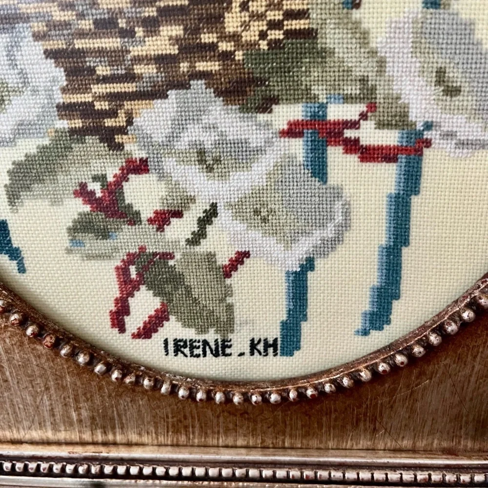 1977 Elegant Gold Framed Bird Embroidery Art 14/18 inch